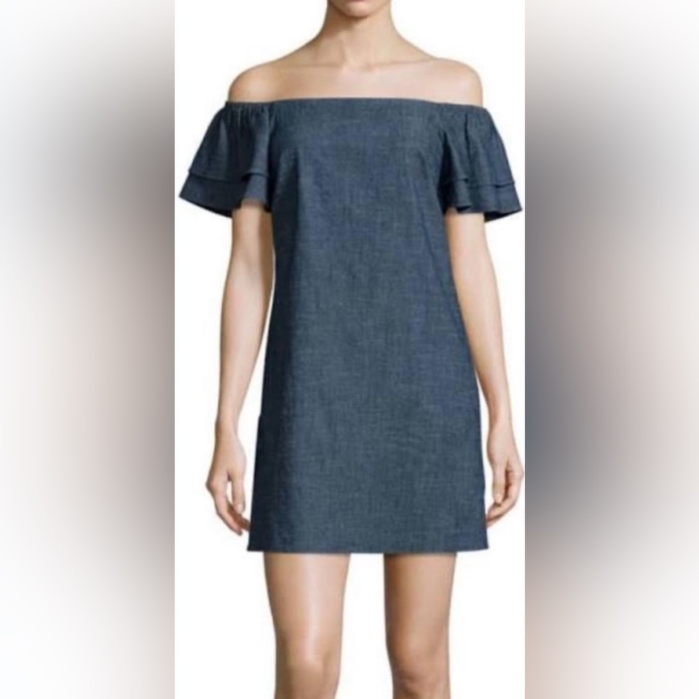 Alice + Olivia Revolve Womens Tula Off Shoulder Denim Shift Ruffle Mini Dress XS
